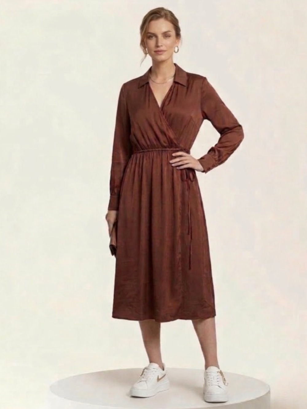 Frank And Oak Brown Wrap Dress Long Sleeve Modal Blend Sz S Feminine Minimalist